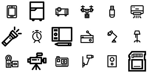 Set Of Electronic And Device Icons Collection Isolated Silhouette Solid Icons Including Device,Electronic,Video,Flashlight,Camera Vector Illustration Linear Pictogram Pack