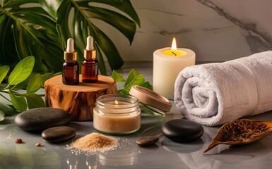A serene spa still life with candles, flowers, and stones for relaxation and wellness