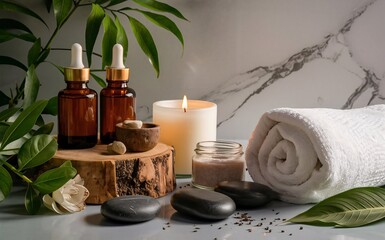 A serene spa still life with candles, flowers, and stones for relaxation and wellness