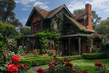 A charming suburban house with a red brick exterior, ivy climbing the walls, and a beautifully maintained rose garden.