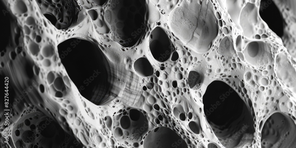 Poster the image is a close up of a rock with many holes in it. the holes are of various sizes and are scat
