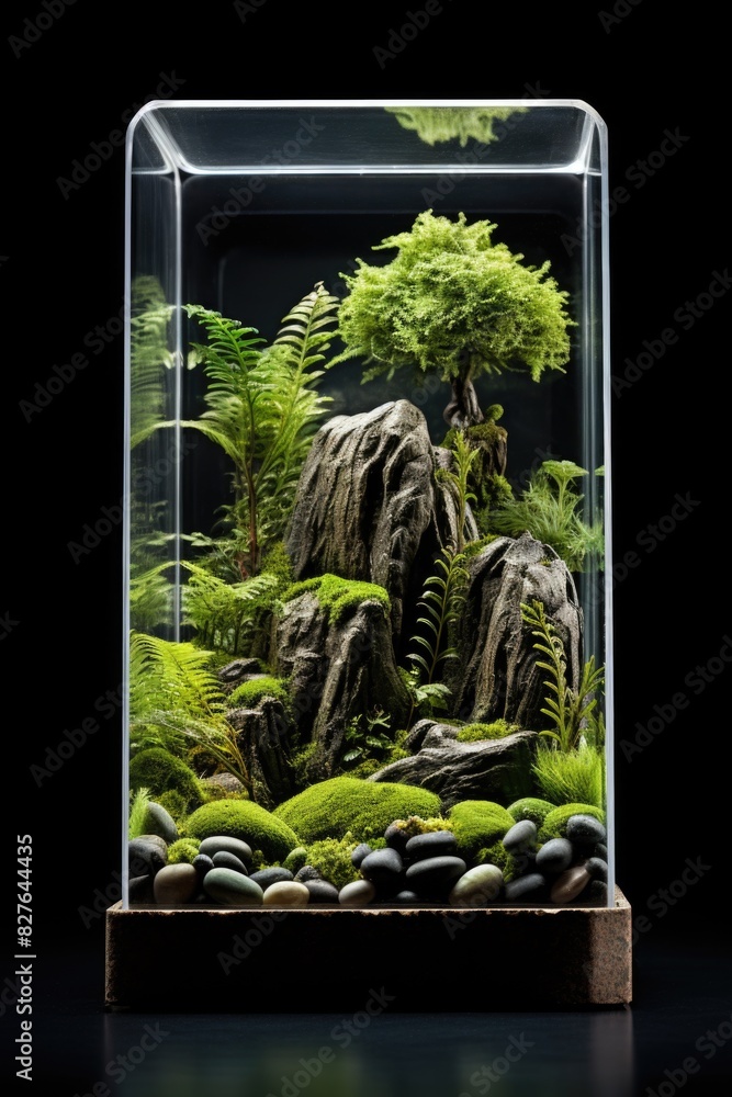 Poster a small terrarium with a tree and moss. the moss is growing on the rocks and the tree is growing in 