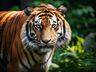 Magnificent Amur tiger photographed in its lush zoo habitat on a bright day
