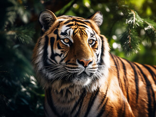 Beautiful Amur tiger showcased in verdant zoo surroundings on a sunlit day