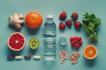 A bottle of water sits next to a variety of fruits and vegetables. Concept of health and wellness, as the fruits and vegetables are all natural and nutritious