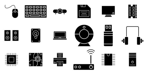 Set Of Computer Gadgets Solid Icons Silhouette Vector Logo Design Containing Hardware,Electronic,Computer,Gadget,Storage Solid Icon Collection. Vector Illustration