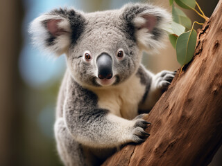 Fototapeta premium Cute koala depicted resting on eucalyptus tree branch in Australia's natural setting