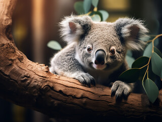 Fototapeta premium Adorable koala captured perched on eucalyptus tree in its Australian habitat
