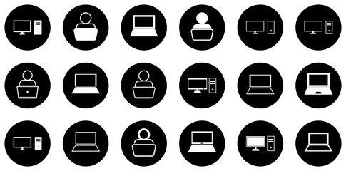 Set Of Computer And Laptop Circle Isolated Silhouette Solid Icons With Technology,Computer,Electronic,Laptop,Online Stroke Icon Collection. Vector Illustration