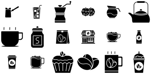 Set Of Linear Coffee Shop Solid Isolated Silhouette Solid Icons With Beverage,Coffee-Shop,Coffee,Drink,Cafe Business Infographic Elements Logo Vector Illustration
