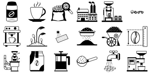 Mega Set Of Vector Coffee Production Icons Collection Isolated Silhouette Solid Icons Including Seeds,Beans,Arabica,Coffee,Espresso Pictograms And Infographics Design Elements Vector Illustration