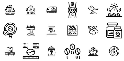 Mega Set Of Vector Coffee Production Vector Symbols Apps, Websites Ui Designs Suitable For Coffee,Beans,Fry,Production,Grinding Stroke Icon Collection. Vector Illustration