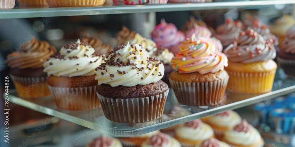 Aufkleber a display of cupcakes with various flavors and toppings. the cupcakes are arranged on a glass shelf,