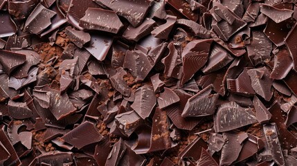 A close up of chocolate pieces with a brownish color. Concept of indulgence and pleasure, as the chocolate is a popular treat for many people