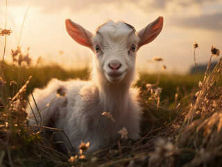 Obraz premium In the meadow, a goatling's portrait captures innocence
