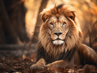 Fototapeta premium Jungle's ambiance sets the stage for a lion's majestic portrait