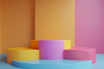 A colorful stage with a pink and yellow podium