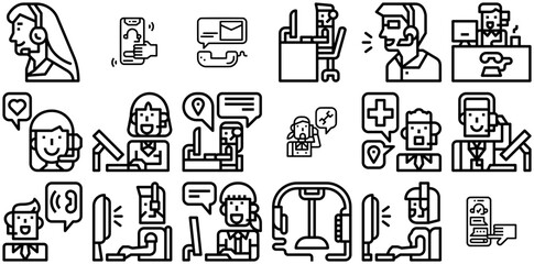 A Collection Of Call Center Vector Symbols Apps, Websites Ui Designs Suitable For Call-Center,Call,Man,Sevice,Woman Simple Black Style Symbol Sign For Apps And Website, Vector Illustration