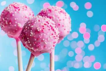 Pink Cake Pops with Sprinkles on Blue Background