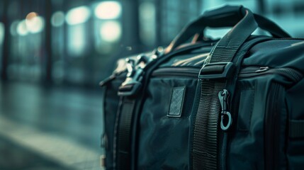 Close-Up Of A Traveler's Black Duffel Bag In An Atmospheric Train Station. Generative AI