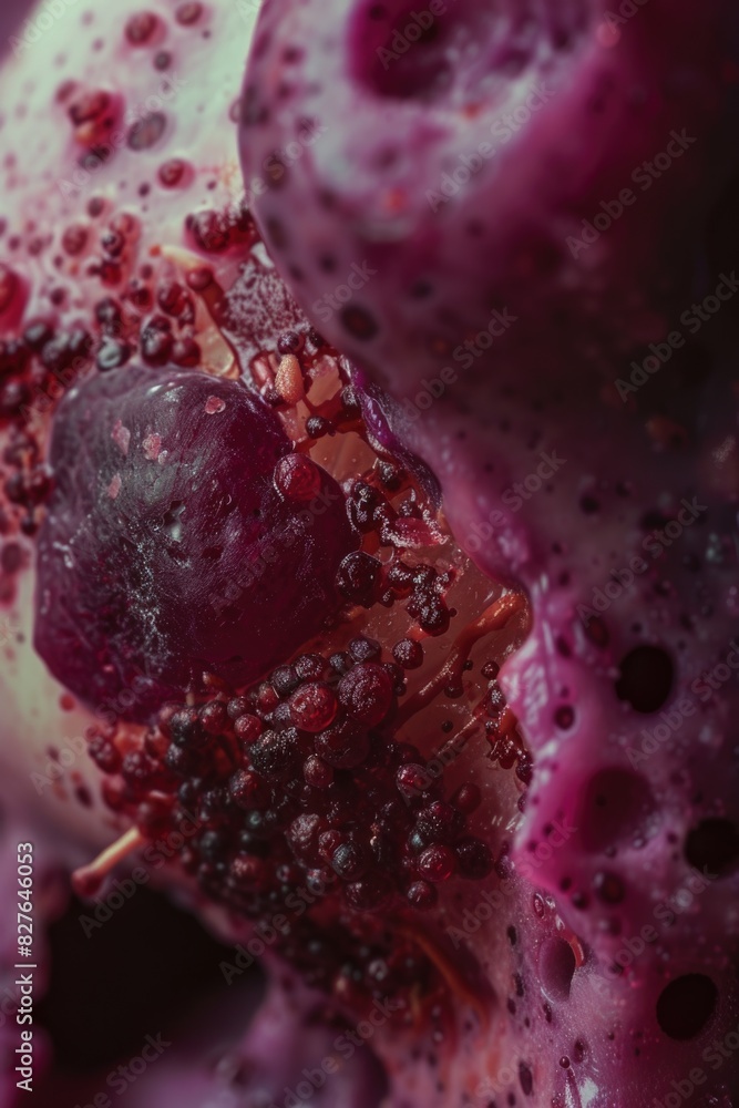 Poster a close up of a purple blob with a lot of red stuff on it. the blob is a mixture of red and purple, 