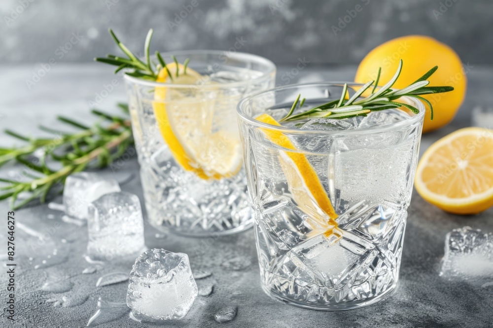 Poster two glasses of water with lemon slices and ice cubes on a table. scene is refreshing and light