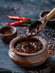 A spoonful of chocolate sauce is poured into a bowl. The bowl is placed on a table with a few other items, including a pepper shaker and a bowl of peppers. Scene is warm and inviting
