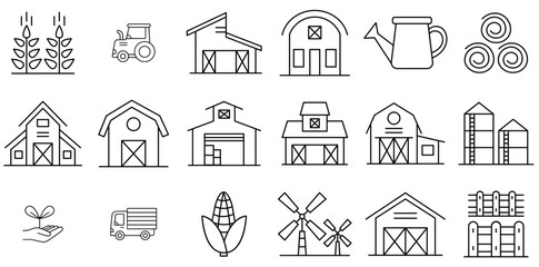 A Collection Of Barn Farm Icons Collection Isolated Silhouette Solid Icons Including Storage,Building,Warehouse,Agriculture,Barn Outline Icons Collection. Simple Vector Illustration