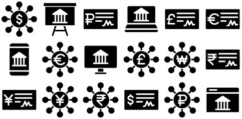 Mega Set Of Vector Banking Glyph Icons Collection Isolated Silhouette Solid Icons Including Bill,Signature,Funds,Wealth,Capital Stroke Icon Collection. Vector Illustration