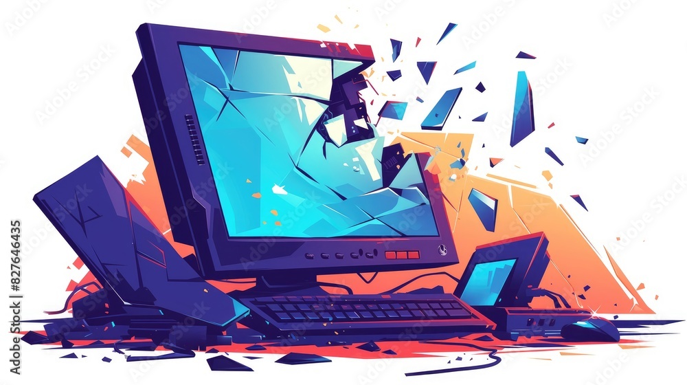 Poster illustration of a broken computer monitor icon designed for web use set against a clean white backgr
