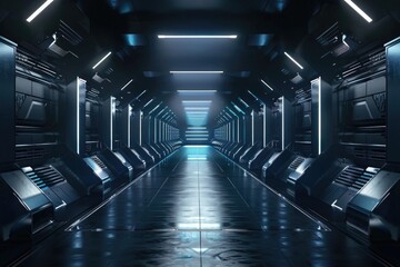 3d rendering of scifi background with futuristic corridor, dark gray and blue colors