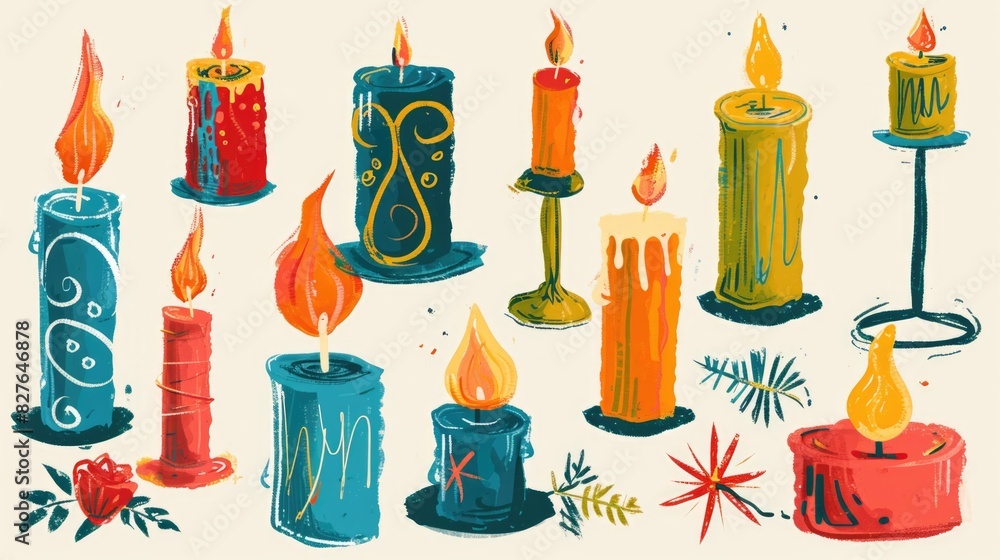 Poster a set of colorful candles with a variety of shapes and sizes. the candles are lit and arranged in a 