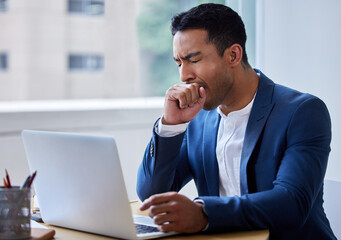 Yawn, tired or business man on laptop in office with burnout, overwork or project deadline email....