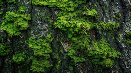 Green moss adorns tree bark