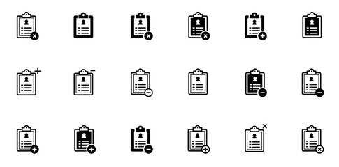 Set Of Linear Add Remove Patient Data Icons Silhouette Vector Logo Design Containing Delete,Clipboard,Info,Patient,Data Solid Icon Collection. Vector Illustration