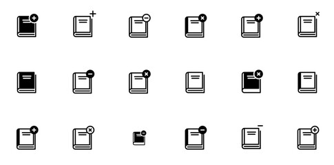 Set Of Add Remove Dictionary Isolated Silhouette Solid Icons With Add,Delete-Dictionary,Book,Dictionary,Add-Dictionary Simple Black Style Symbol Sign For Apps And Website, Vector Illustration