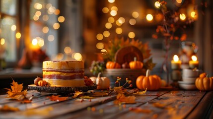 Autumn cake on rustic wooden table with pumpkins and candles. Fall season dessert table with autumn leaves. Concept of autumn, cozy atmosphere, festive dining, seasonal decorations