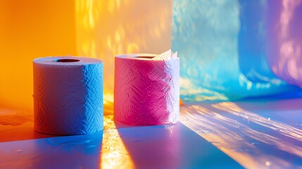 Toilet paper paper towels close up, focus on, copy space, vibrant colors, Double exposure silhouette with household products