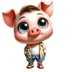 Fototapeta premium Adorable cartoon piglet in cute casual outfit with big expressive eyes. Ideal for children's illustrations, animations, and designs.