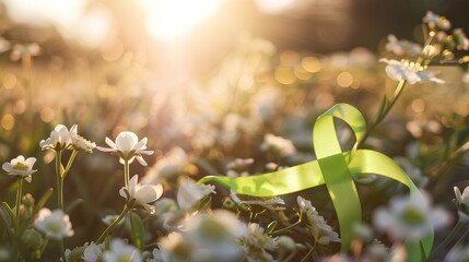 Soft sunlight illuminates a green ribbon delicately placed amidst a field of blossoming flowers,...