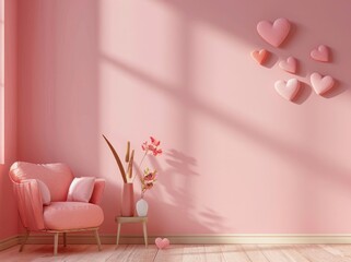 3D rendering Valentine background on a pink pastel colored wall in a living room with heart decorations and a chair in the minimal style, copy space for text.