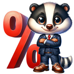 Cartoon badger in a business suit standing confidently with a red percentage sign, symbolizing finance and discounts.
