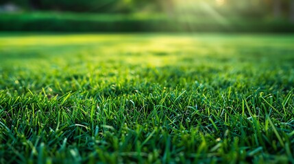 Naklejka premium Vibrant green lawn under the golden sun rays.