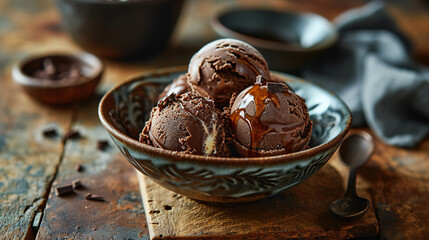 Close Up Of Artisanal Chocolate Ice Cream in Bowl On A Wooden Table With Spoon And Chocolate Truffles On Blurry Background