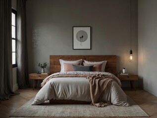 Modern minimalist bedroom with wooden bed, stylish bedding, and elegant decor, perfect for cozy and serene living spaces, ideal for home decor inspiration and interior design projects.