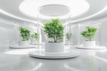 A futuristic white circular room with glass jars containing green trees. Centered on the floor in front of each jar is an empty podium,