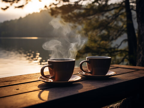 Tea mugs, adorned with shadows, rest on a wooden table by the tranquil lakeside
