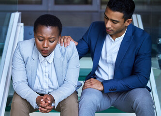 Man, woman and support on shoulder in office for advice, helping others with feedback or problem....
