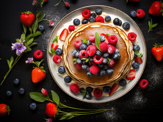 Homemade pancakes, garnished with summer berries, provide a delectable breakfast spread