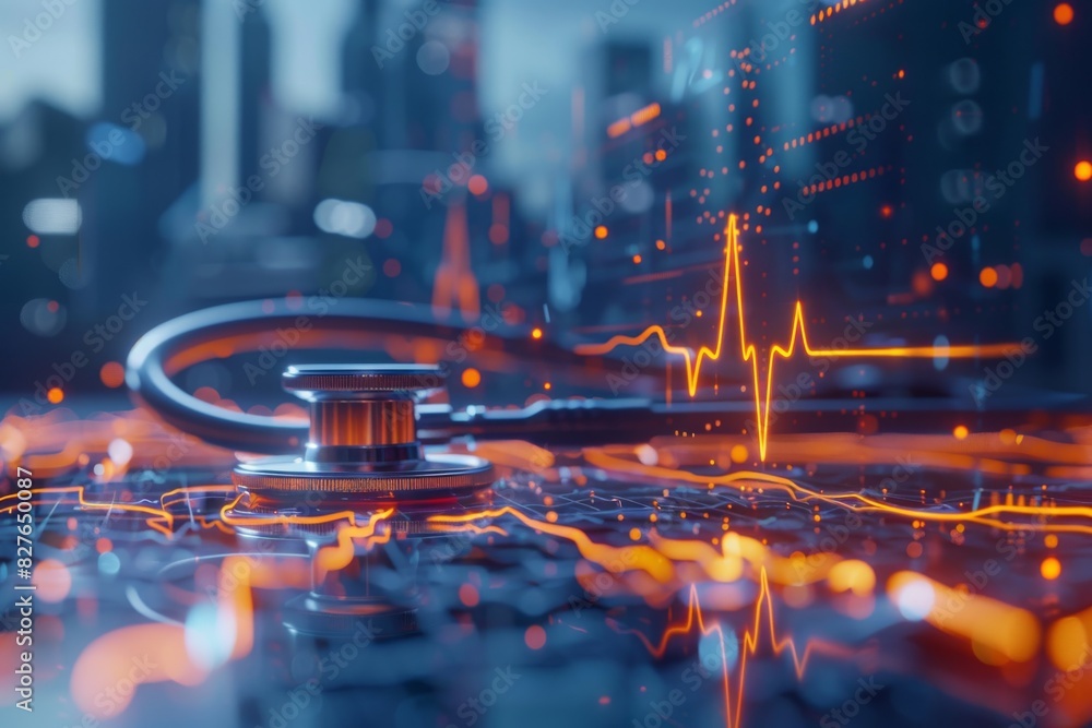 Poster stethoscope and heart rate line on a high tech background, representing the intersection of medical 